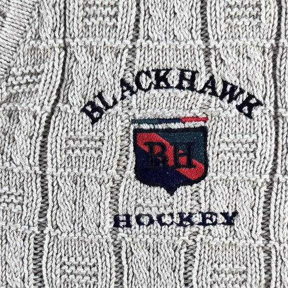 Blackhawk Hockey Sweater Mens Medium Beige Cotton Knit V Neck Gear Sports - Picture 3 of 9